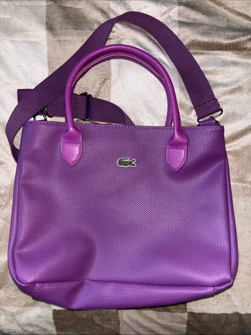 Lacoste Violet Textured Satchel with Detachable Crossbody Strap